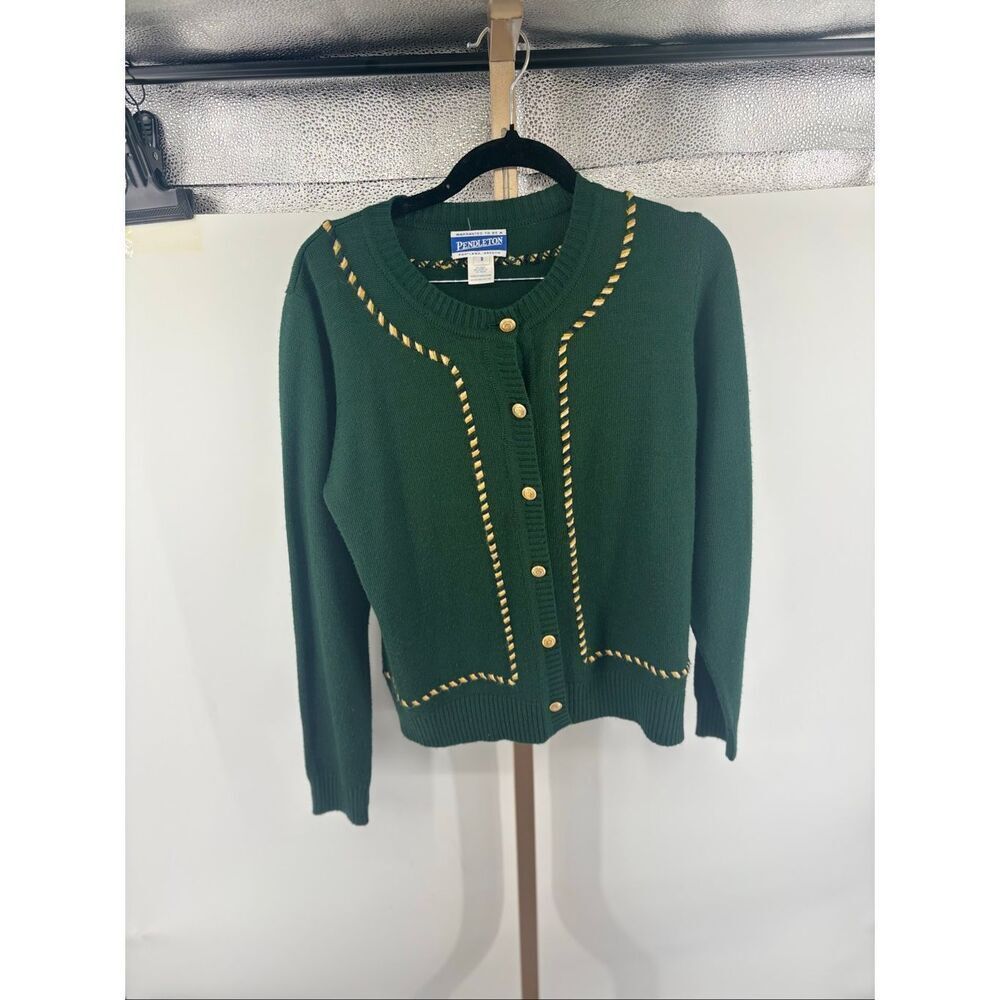 Pendleton Vintage Cardigan Sweater Green Gold Whipstitch Crest Buttons Size S